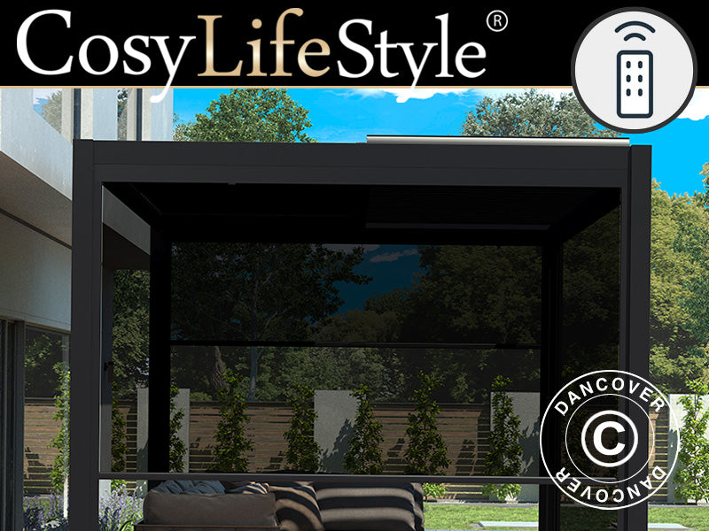 Sähköllä toimiva sivuseinäverho bioilmastolliselle pergola paviljongille San Pablo, 3m, Musta