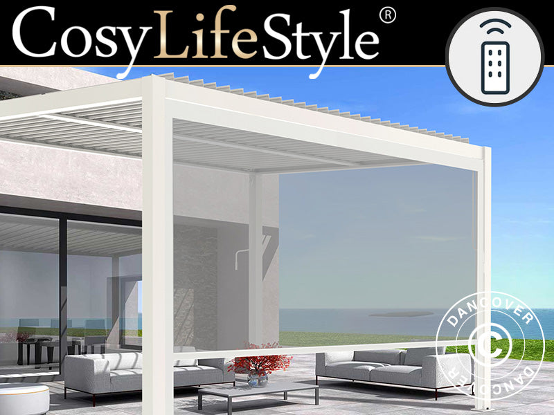 Elektrisks sānsienas aizslietnis bioklimatiskai pergola nojumei San Pablo, 4m, Balts/Gaiši pelēks