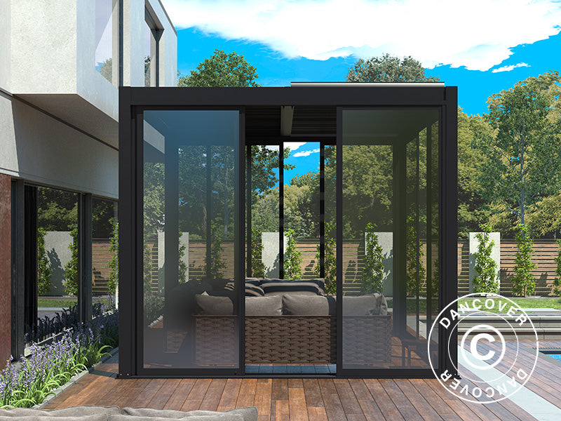 Sliding door set w/glass for pergola San Pablo, 3 m, Black