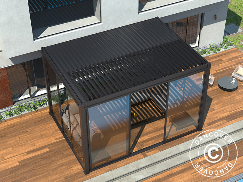 Set puerta corredera con vidrio para cenador de pérgola San Pablo, 4m, Negro