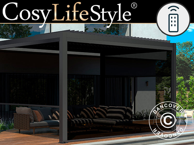 Elektrische Seitenwand für bioklimatischen Pergola Pavillon San Pablo, 4m, Schwarz