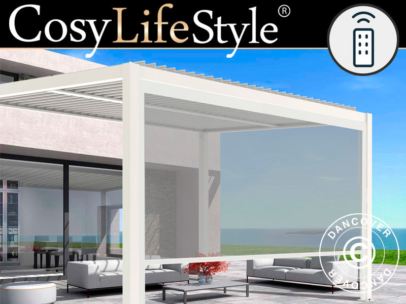 Schermo laterale elettrico per gazebo pergola bioclimatico San Pablo, 4m, Bianco/Grigio chiaro