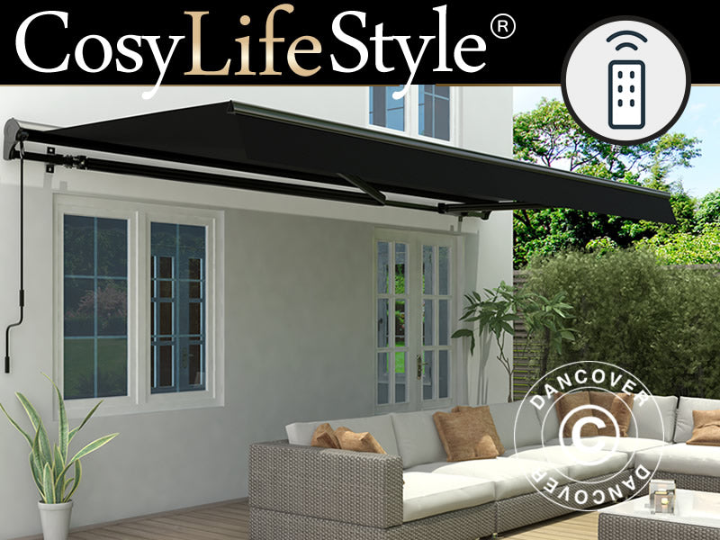 Awning w/Remote Control, 3.95x2.5 m, Black/Black Frame