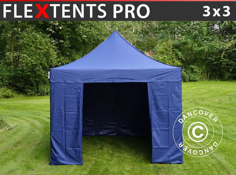 Brzo sklopivi paviljon FleXtents Pro 3x3m Tamno Plava, uključ. 4 bočne stranice