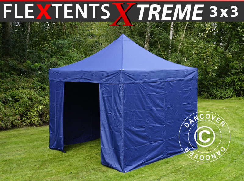 Tente pliante FleXtents Xtreme 50 3x3m Bleu foncé, avec 4 cotés