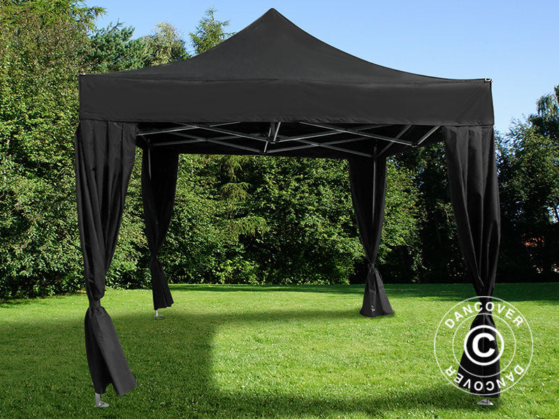 Vouwtent FleXtents PRO 3x3m Zwart, incl. 4 decoratieve gordijnen