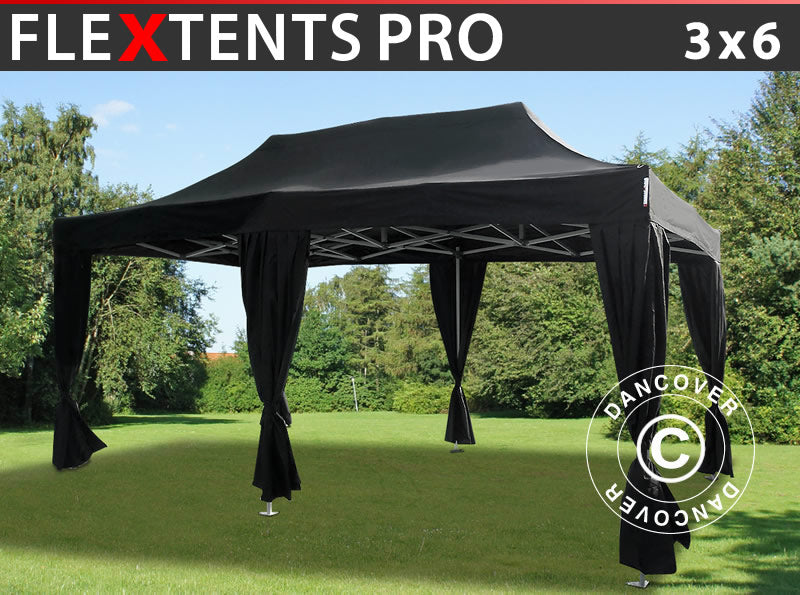 Pop up gazebo FleXtents PRO 3x6 m Black, incl. 6 decorative curtains