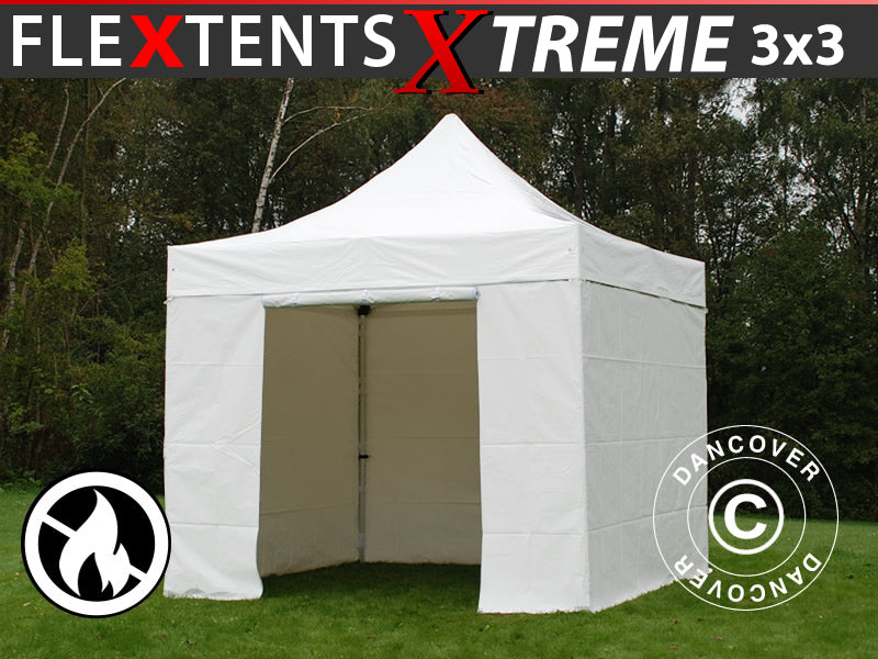 Saliekamā nojume FleXtents Xtreme 50 Heavy Duty 3x3m, Balta ar 4 sānu sienām, Liesmu slāpējošs