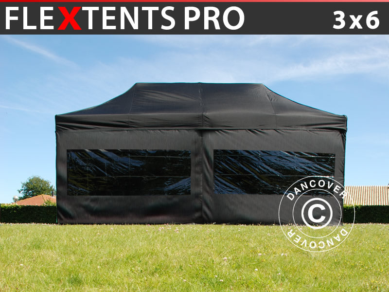 Prekybinė palapinė FleXtents PRO 3x6m Juoda, įsk. 6 šonines sienas