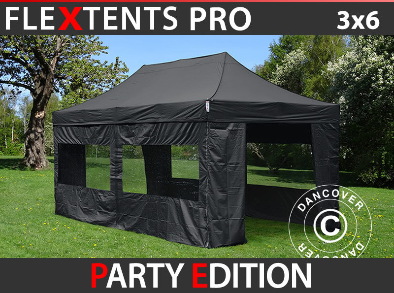 Prekybinė palapinė FleXtents PRO 3x6m Juoda, įsk. 6 šonines sienas