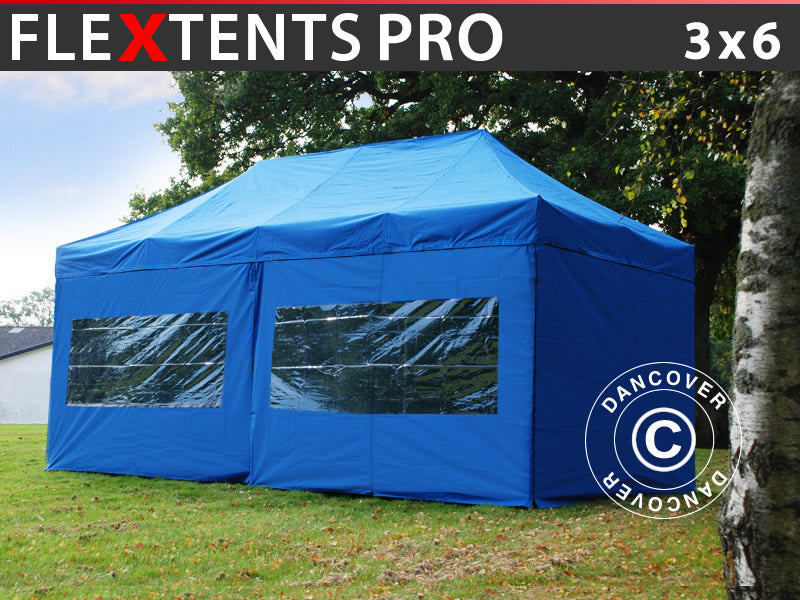 Faltzelt FleXtents PRO 3x6m Blau, mit 6 Seitenwänden
