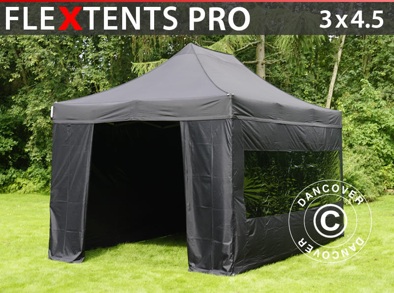 Prekybinė palapinė FleXtents PRO 3x4,5m Juoda, įsk. 4 šonines sienas