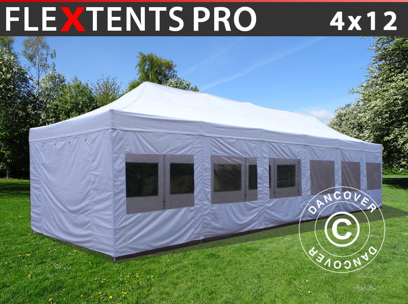 Faltzelt FleXtents PRO 4x12m Weiß, mit Seitenwänden