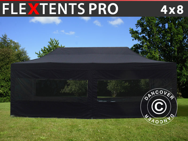 Faltzelt FleXtents PRO 4x8m Schwarz, mit 6 Seitenwänden