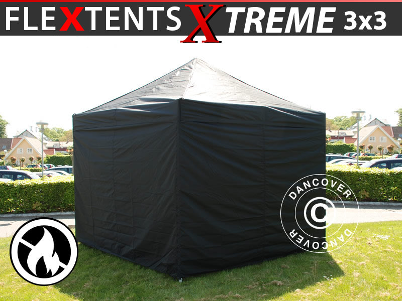 Vouwtent FleXtent Xtreme 3x3m Zwart, Vlamvertragende, inkl. 4 Zijwanden