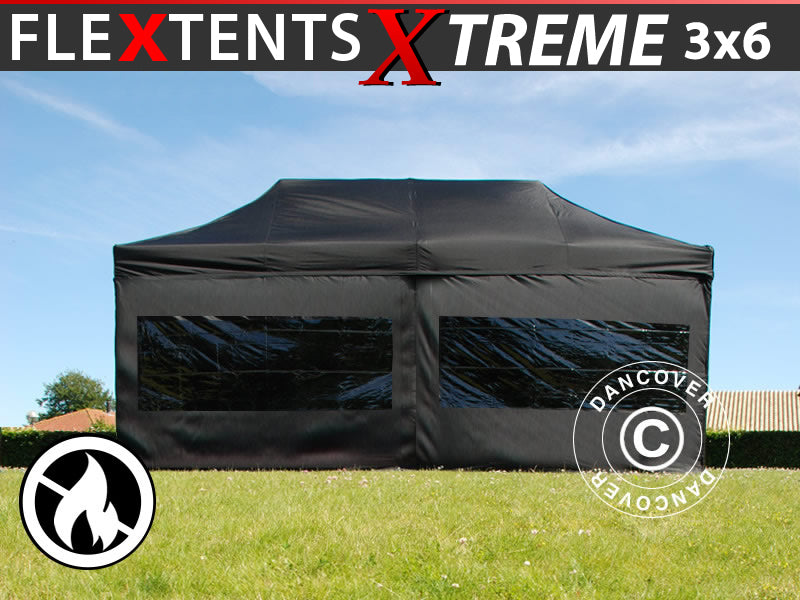 Gazebo pieghevole FleXtents Xtreme 50 3x6m Nero, Ignifugo, inclusi 6 fianchi