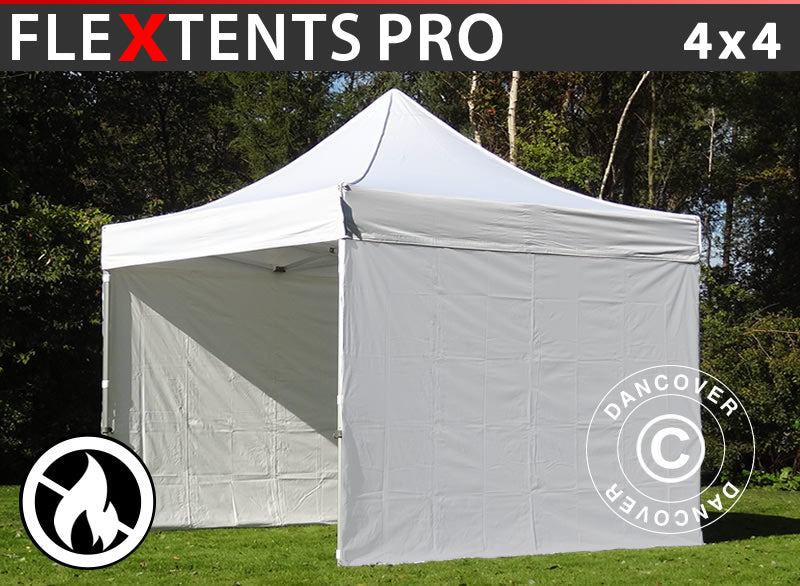 Faltzelt FleXtents PRO 4x4m Weiß, Flammenhemmend, mit 4 Seitenwänden