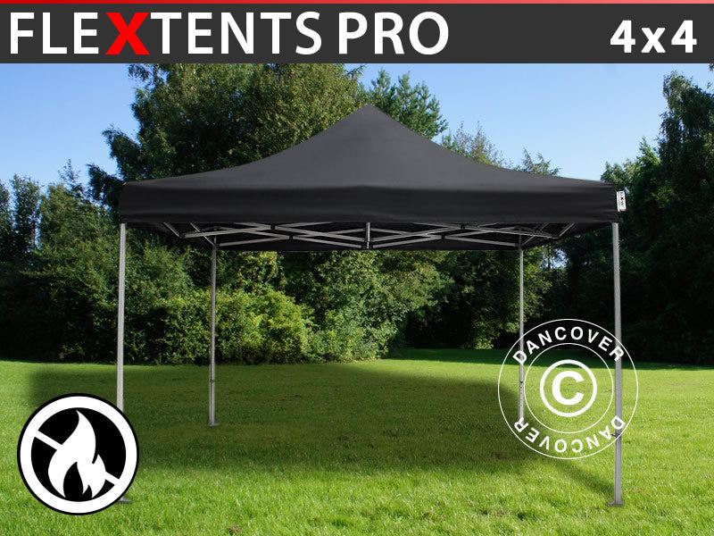 Prekybinė palapinė FleXtents PRO 4x4m Juoda, Liepsnai nepralaidus