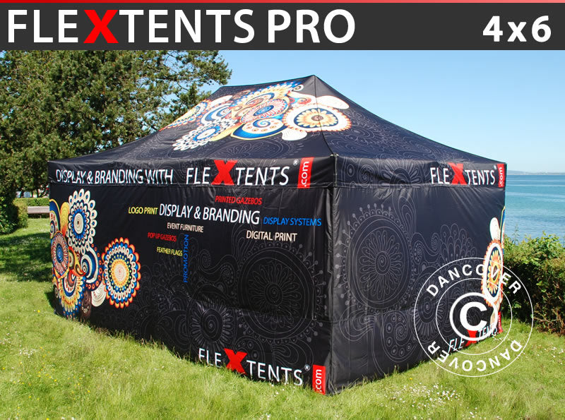 Carpa plegable FleXtents PRO con impresión digital completa, 4x6m, incluye 4 muros laterales