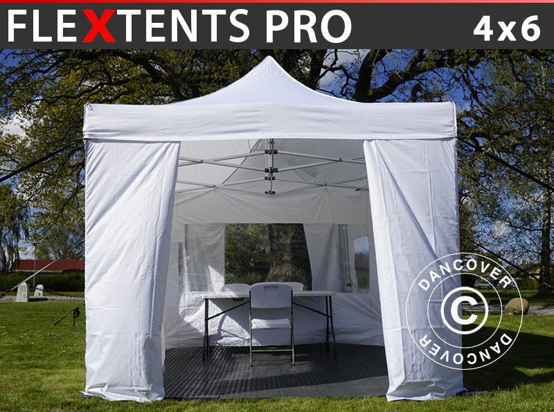 Tenda per Visitore FleXtents PRO 4x6m Bianco, incl. 8 pareti laterali e 1 parete divisoria trasparente