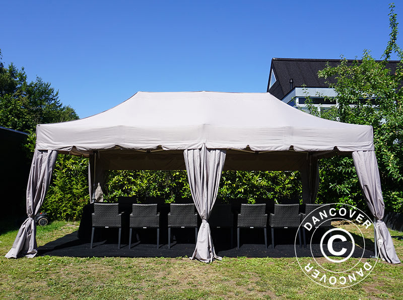 Tente pliante FleXtents PRO "Peaked" 4x8m Latte, incl. 6 parois latérales et 6 rideaux décoratifs