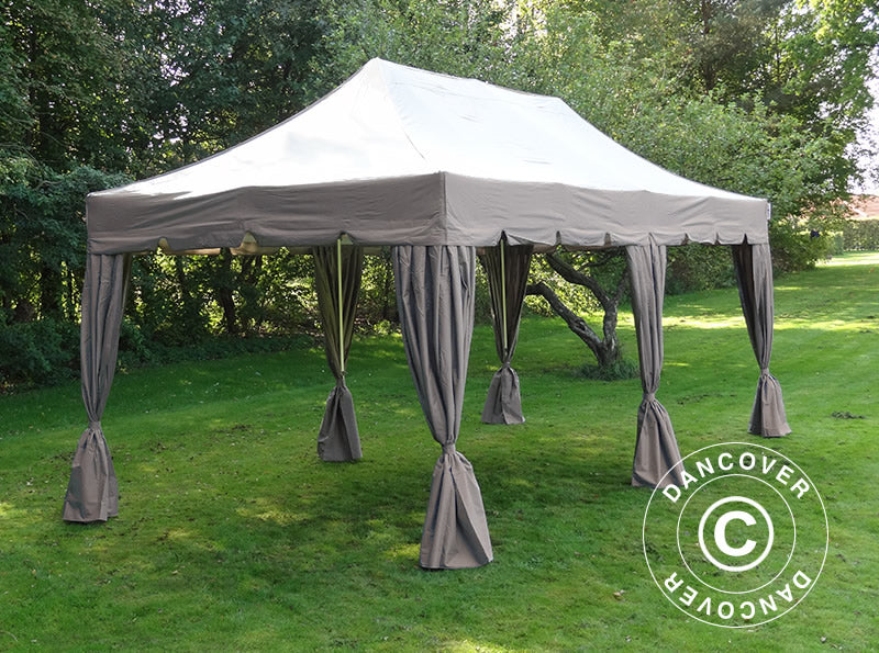Faltzelt FleXtents PRO "Peaked" 4x8m Latte, mit 6 Seitenwänden und 6 dekorative Gardinen