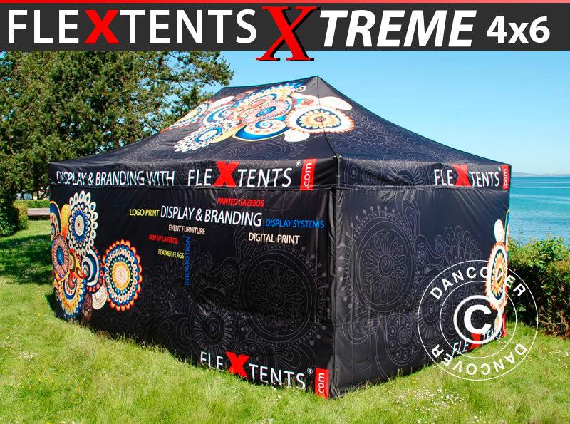 Vouwtent FleXtents Xtreme 50 met grote digitale afdruk, 4x6m, incl. 4 zijwanden