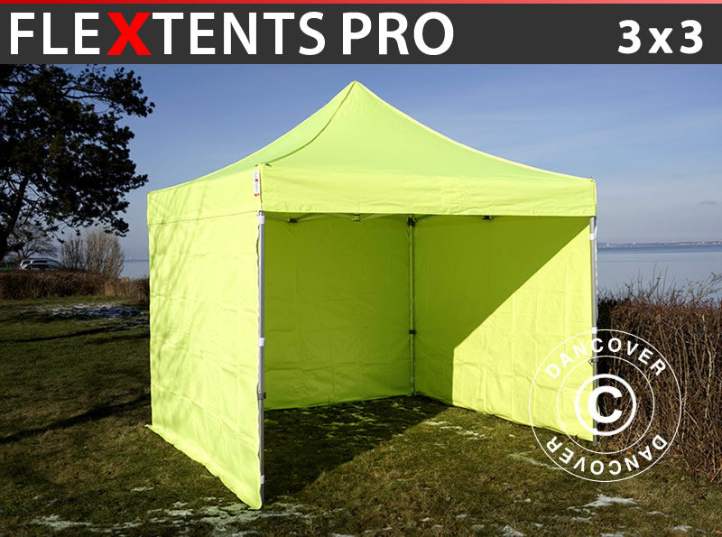 Brzo sklopivi paviljon FleXtents Pro 3x3m Neon žuta/zelena, uključ. 4 bočne stranice