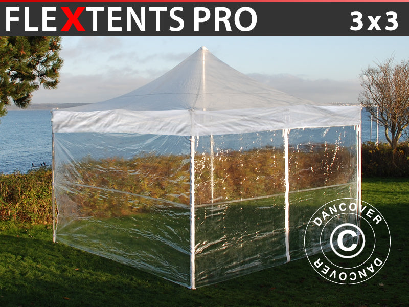 Prekybinė palapinė FleXtents PRO 3x3m Permatoma, įsk. 4 šonines sienas
