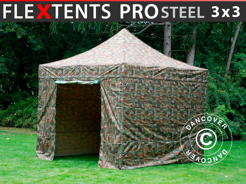 Faltzelt FleXtents PRO Steel 3x3m Camouflage, mit 4 Seitenwänden