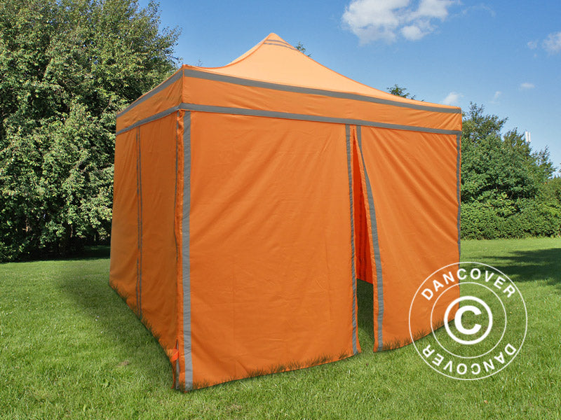 Faltzelt FleXtents PRO Steel Arbeitszelt 3x3m Orange mit Reflektorbändern, mit 4 Seitenwänden