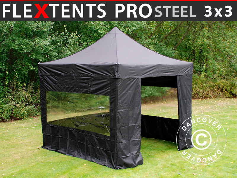 Faltzelt FleXtents PRO Steel 3x3m Schwarz, mit 4 Seitenwänden