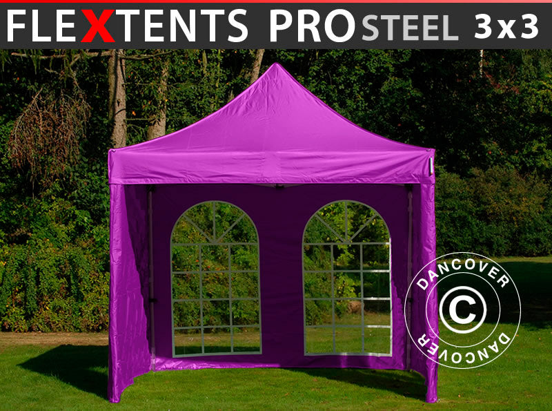 Gazebo pieghevole FleXtents PRO Steel 3x3m Viola, inclusi 4 fianchi