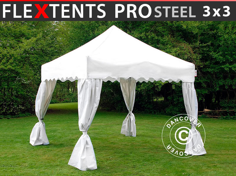 Gazebo pieghevole FleXtents PRO Steel "Wave" 3x3m Bianco, incl. 4 tendaggi decorativi