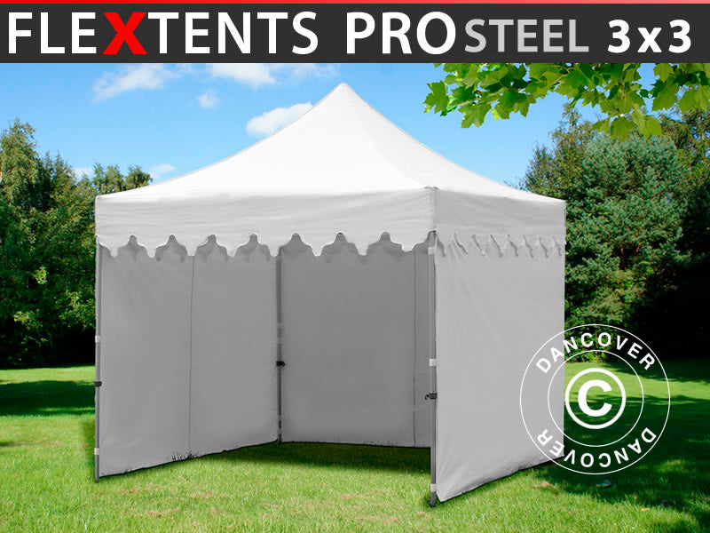 Faltzelt FleXtents PRO Steel "Morocco" 3x3m Weiß, mit 4 Seitenwänden
