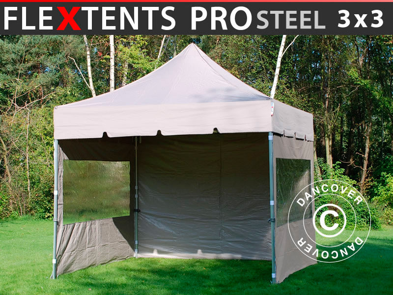 Faltzelt FleXtents PRO Steel "Peaked" 3x3m Latte, mit 4 Seitenwänden