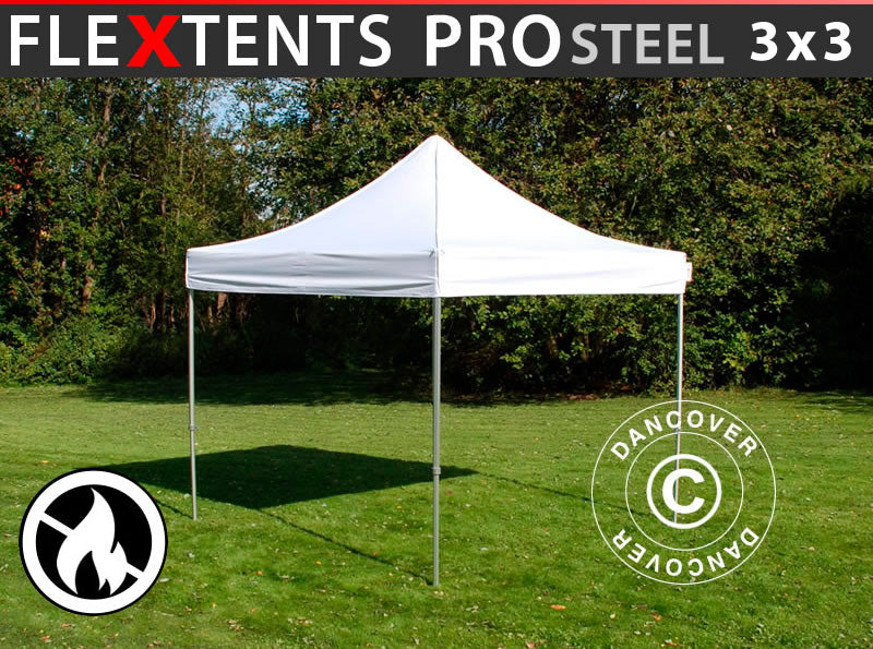 Faltzelt FleXtents PRO Steel 3x3m Weiß, Flammenhemmend