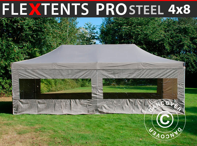 Prekybinė palapinė FleXtents PRO Steel 4x8m Latte, įsk. 6 šonines sienas