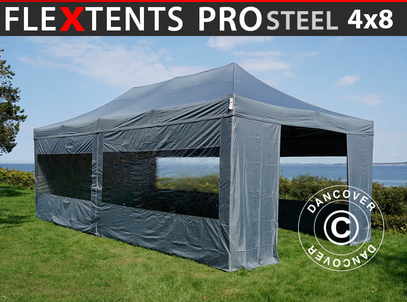 Vouwtent FleXtents PRO Steel 4x8m Grijs, inkl. 6 Zijwanden