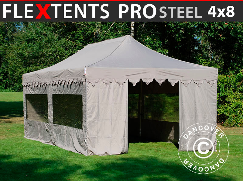Saliekamā nojume FleXtents PRO Steel "Morocco" 4x8m Latte, ar 6 sānu sienām