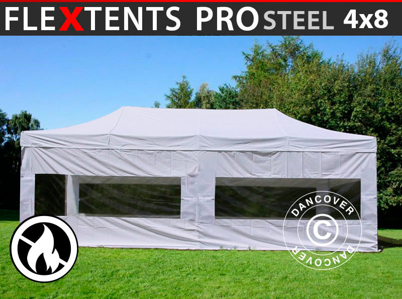 Prekybinė palapinė FleXtents PRO Steel 4x8m Balta, Liepsnai nepralaidus, įsk. 6 šonines sienas