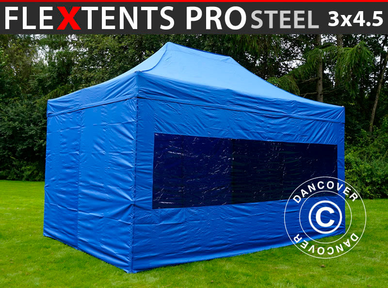 Gazebo pieghevole FleXtents PRO Steel 3x4,5m, Blu, inclusi 4 fianchi