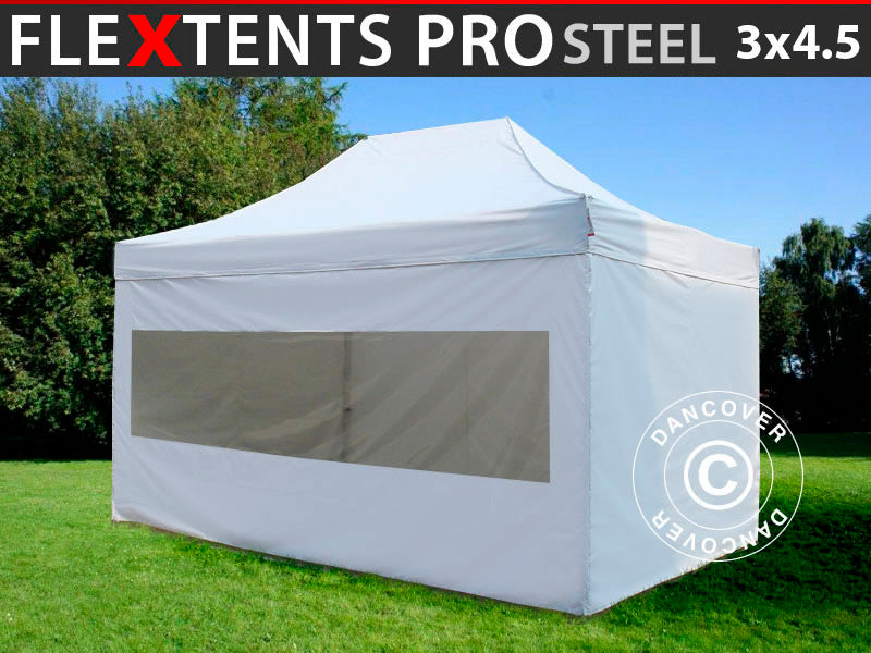 Gazebo pieghevole FleXtents PRO Steel 3x4,5m, Bianco, inclusi 4 fianchi
