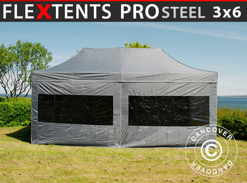 Faltzelt FleXtents PRO Steel 3x6m Grau, mit 6 Seitenwänden