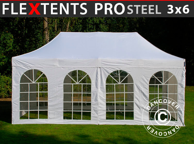 Tente pliante FleXtents PRO Steel Vintage Style 3x6m Blanc, avec 6 cotés