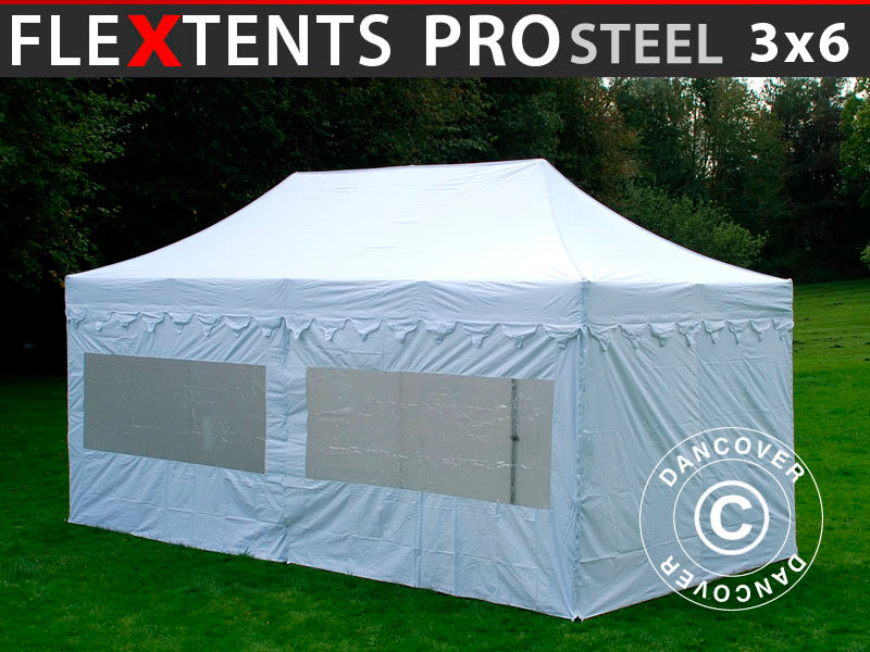 Saliekamā nojume FleXtents PRO Steel "Morocco" 3x6m Balts, ar 6 sānu sienām