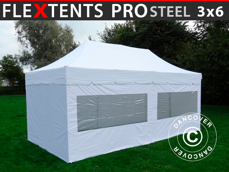 Saliekamā nojume FleXtents PRO Steel "Peaked" 3x6m Balts, ar 6 sānu sienām