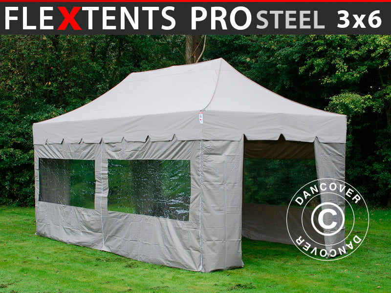 Pop up gazebo FleXtents PRO Steel "Peaked" 3x6 m Latte, incl. 6 sidewalls