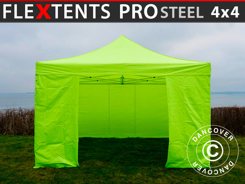 Tente pliante FleXtents PRO Steel 4x4m Néon jaune/vert, avec 4 cotés RESTE SEULEMENT 3 PC