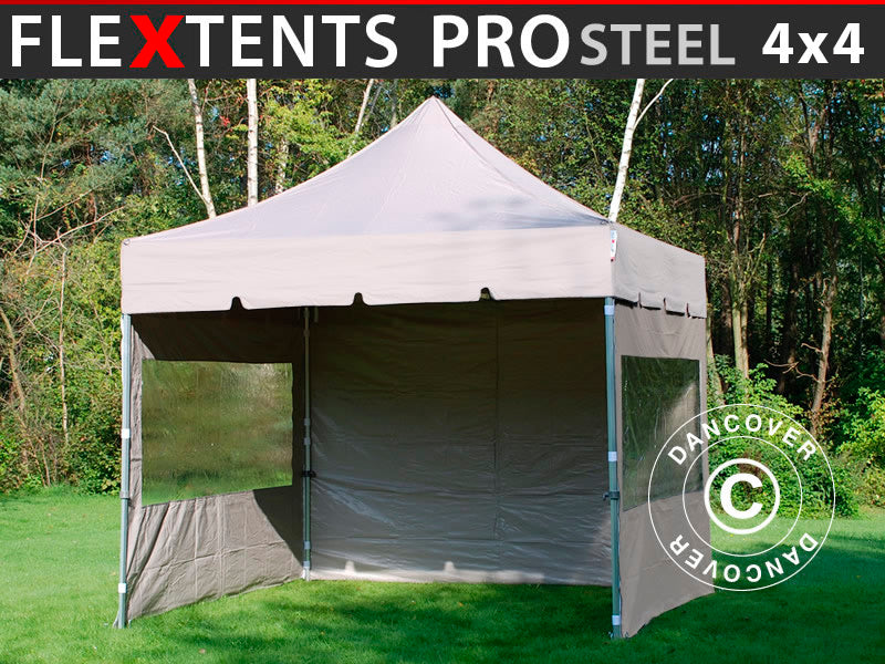 Saliekamā nojume FleXtents PRO Steel "Peaked" 4x4m Latte, ar 4 sānu sienām